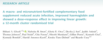 A macro- and micro-nutrient fortified complementary food supplement reduced acute infection, improved haemoglobin and showed a dose response effect in improving linear growth: a 12 month cluster randomised trial